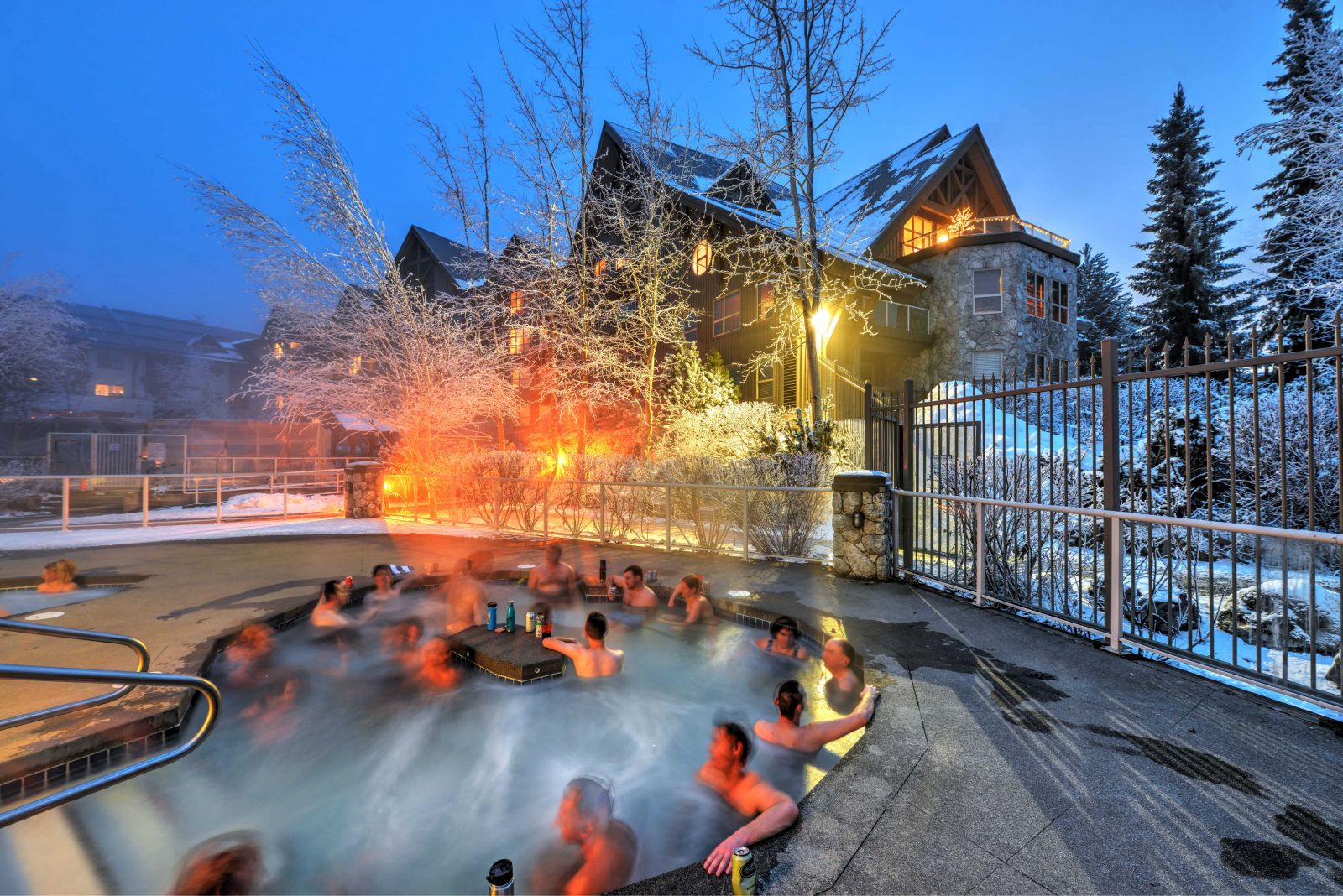 Aspens Lodge hot tub in winter