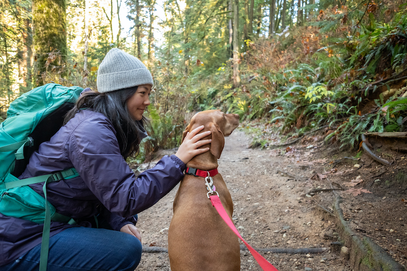 A woman hikes with her dog near Whistler