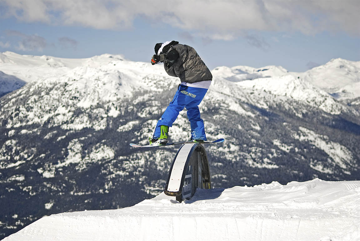 Snowboarder on a rail at the Nintendo Terrain Park
