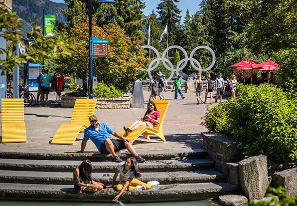 People relaxing in Whistler Village in the fall